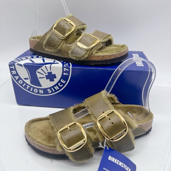 Birkenstock Arizona Big Buckle Shearling Olive Green Sandals Oil Leather EU 37 - Picture 3 of 13